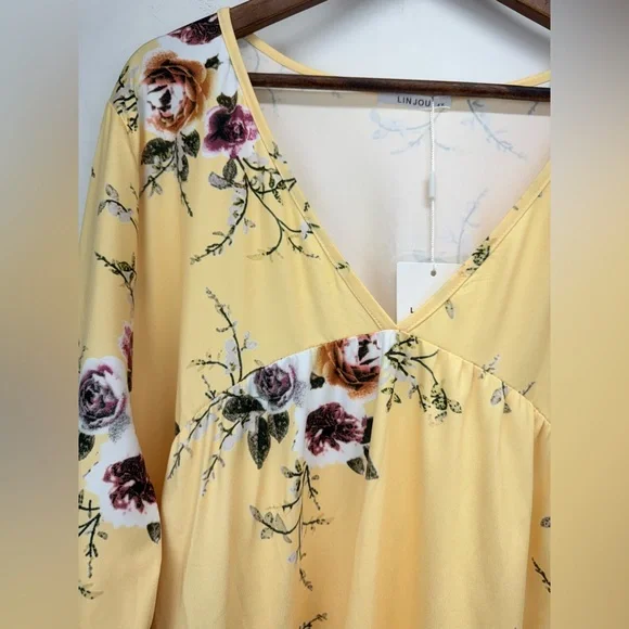 Linjou plus size 4X Women’s Yellow Floral Boho V-neck Long Sleeve Blouse - Picture 2 of 7
